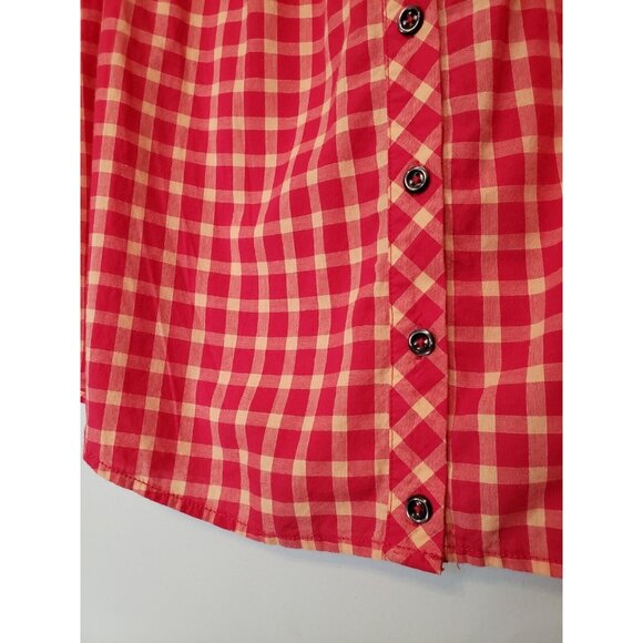 Holding Horses Women Sz 8 Flannel Shirt Red Plaid Button Roll Tab Sleeve Ruffles - Picture 3 of 8